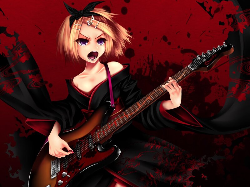 Anime Girl Playing Guitar — Red, Dramatic, Digital Art