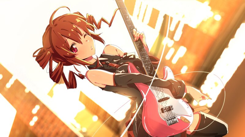 Anime Girl Playing Guitar — Red, Dramatic, Sunset