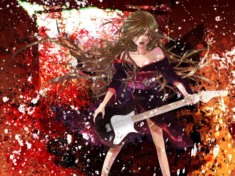 Anime Girl Playing Guitar — Red