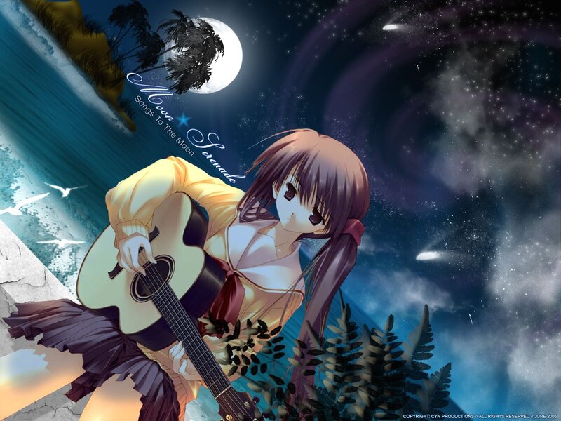 Anime girl playing guitar under moonlight