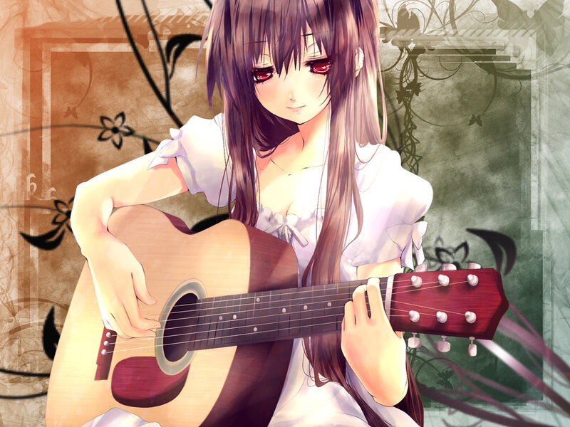 Anime Girl Playing Guitar — White, Calm