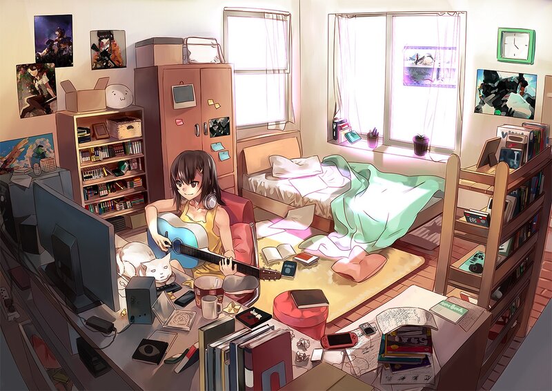 Anime Girl Playing Guitar — Yellow, Calm