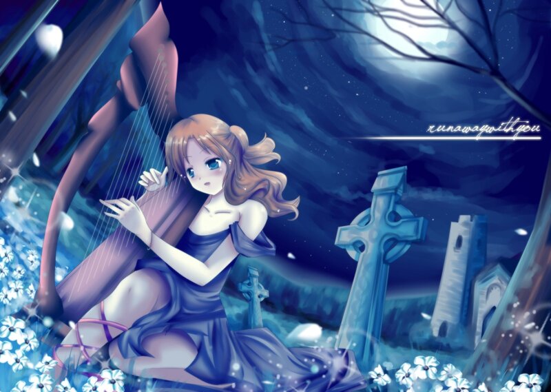 Anime Girl Playing Harp — Blue, Melancholic