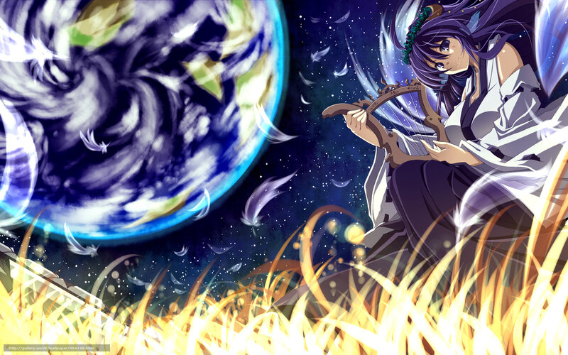 Anime girl playing harp in field