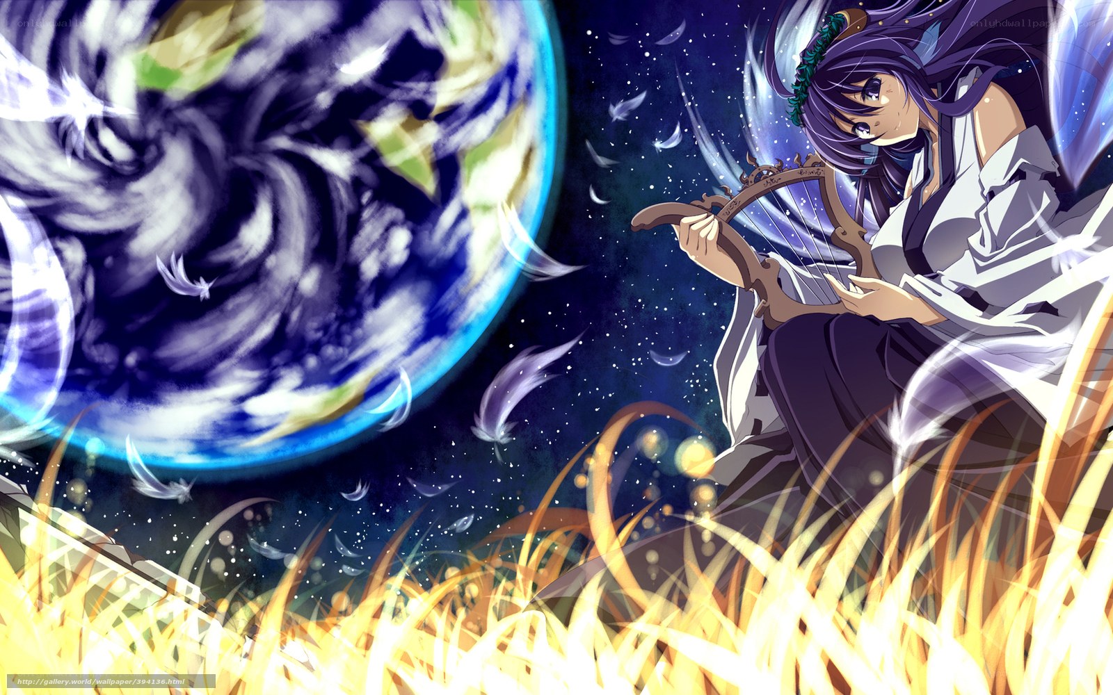 Anime girl playing harp in field