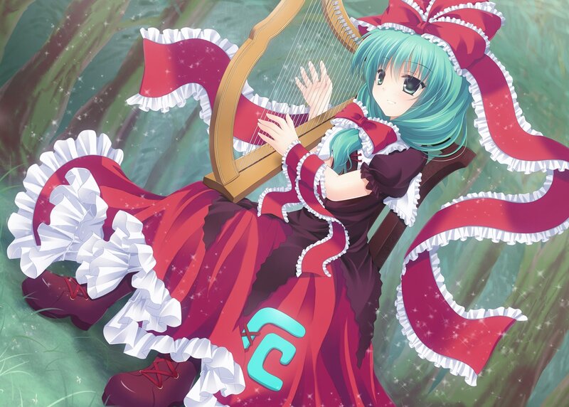 Anime girl playing harp in forest