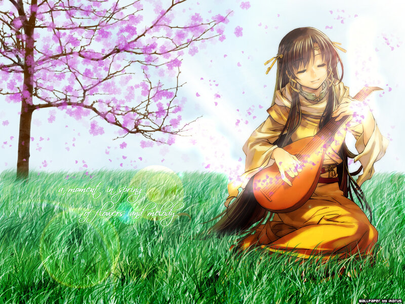 Anime girl playing lute in spring