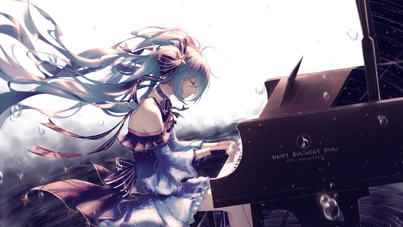 Anime Girl Playing Piano — Blue, Dramatic, Digital Art, Long Hair