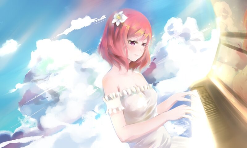 Anime Girl Playing Piano — Blue, Serene
