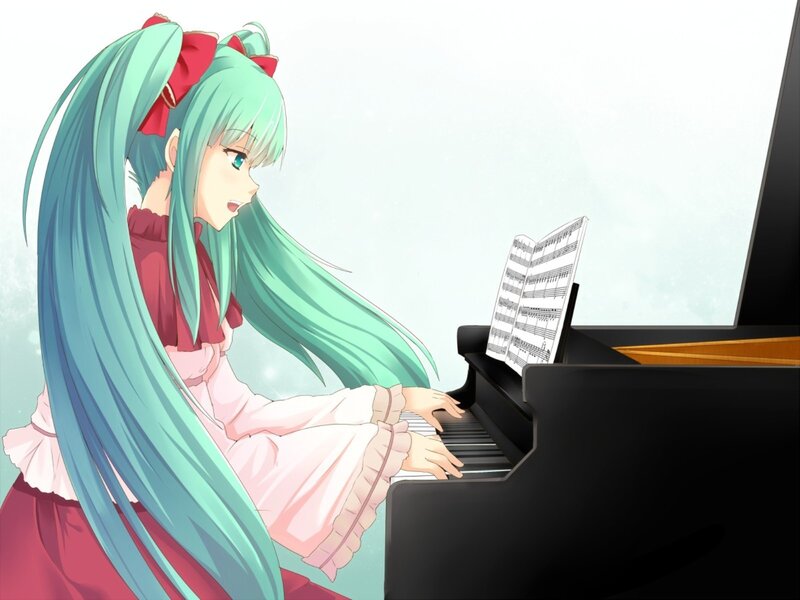 Anime Girl Playing Piano — Green