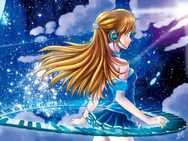 Anime girl playing piano in space