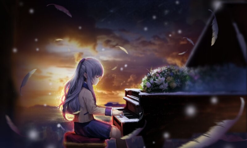 Anime Girl Playing Piano — Purple, Dramatic, Sunset
