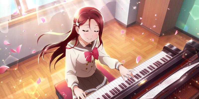 Anime Girl Playing Piano — Red, Serene, Spring