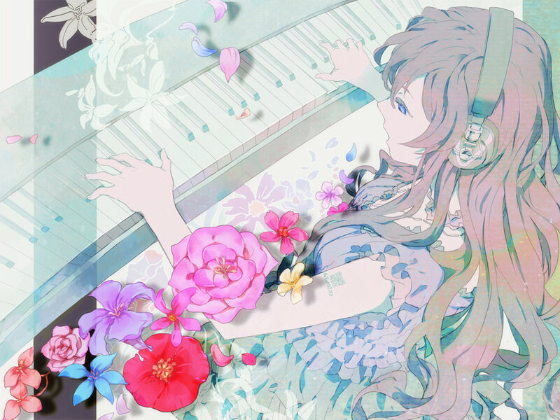 Anime girl playing piano with flowers
