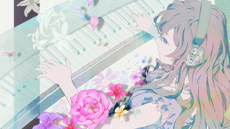 anime girl playing piano with flowers