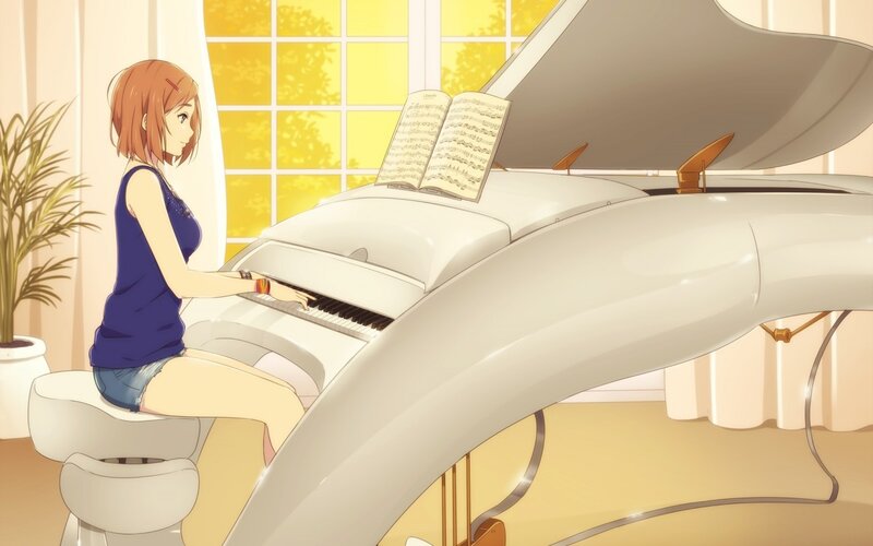 Anime Girl Playing Piano — Yellow, Calm