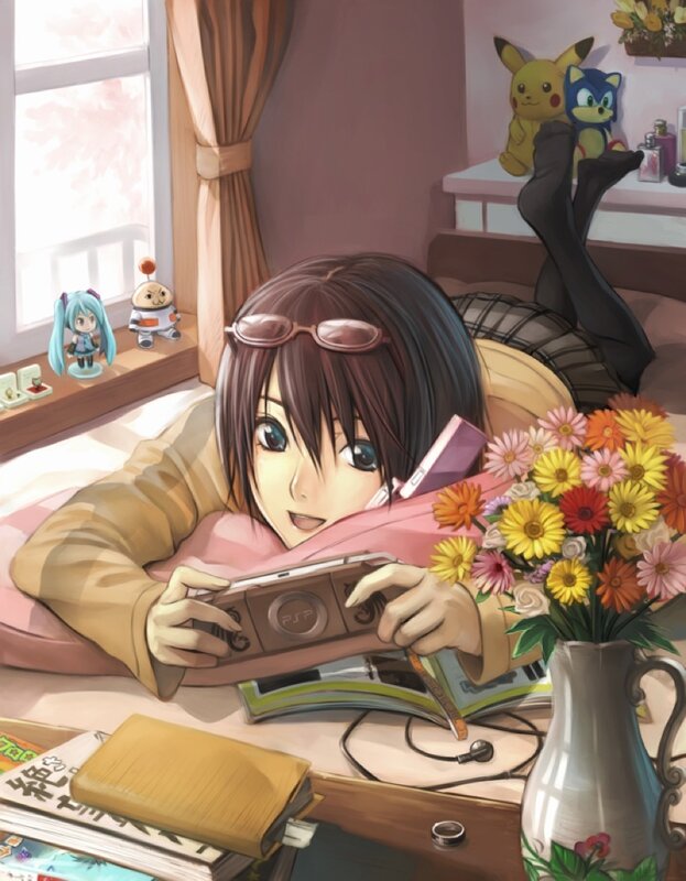 Anime girl playing PSP in bedroom