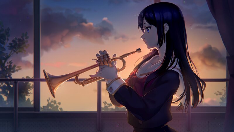 Anime Girl Playing Trumpet — Purple, Serene