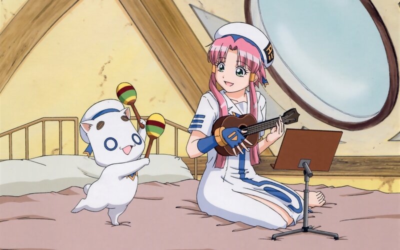 Anime girl playing ukulele with cat