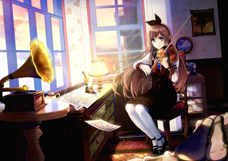 Anime girl playing violin at sunset
