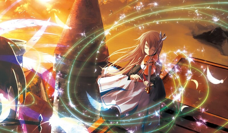 Anime girl playing violin at sunset