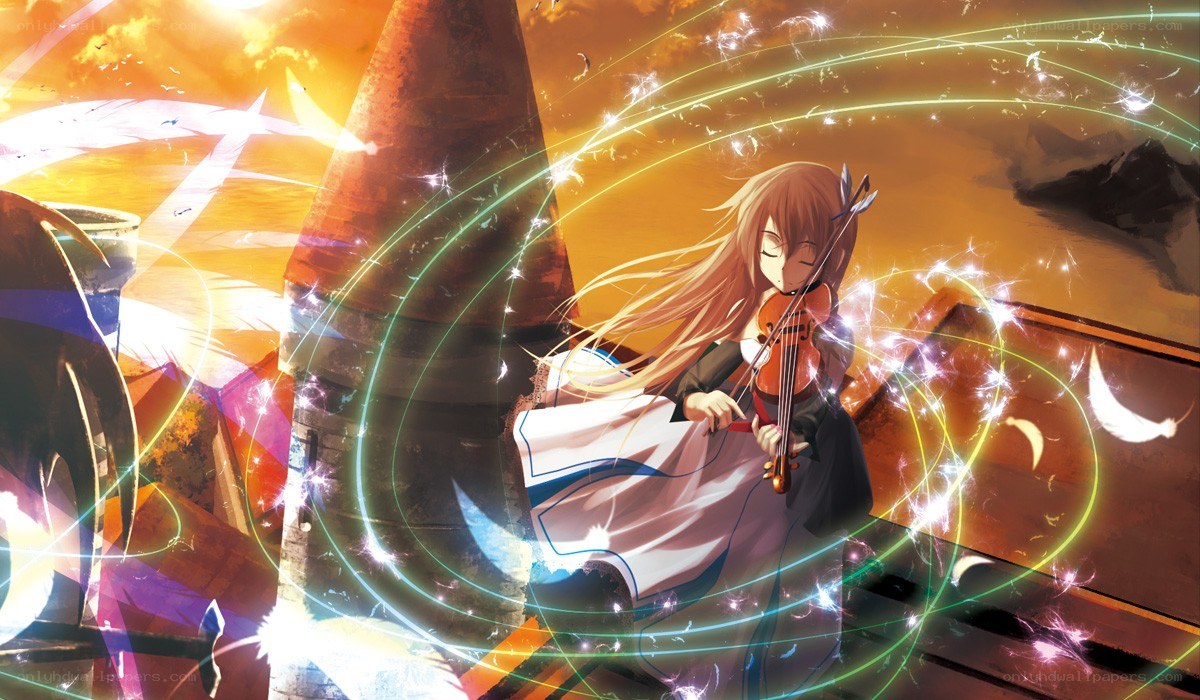 Anime girl playing violin at sunset