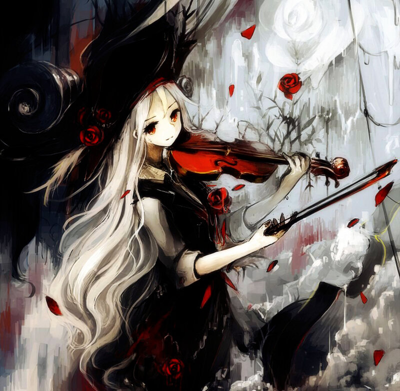 Anime Girl Playing Violin — Black, Dramatic, Digital Art