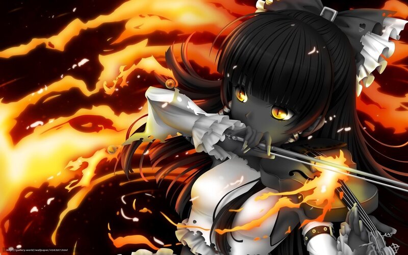 Anime Girl Playing Violin — Black, Dramatic, Fire