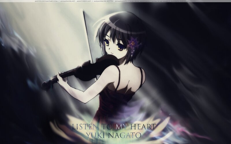 Anime Girl Playing Violin — Black, Dramatic, Flower