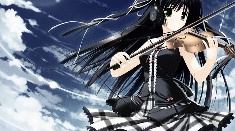 Anime Girl Playing Violin — Black, Dramatic