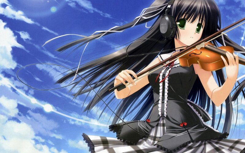 Anime Girl Playing Violin — Blue, Calm, Afternoon, Headphones