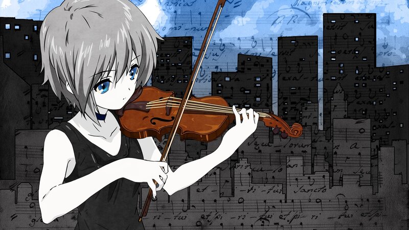 Anime Girl Playing Violin — Blue, Dramatic, Cityscape