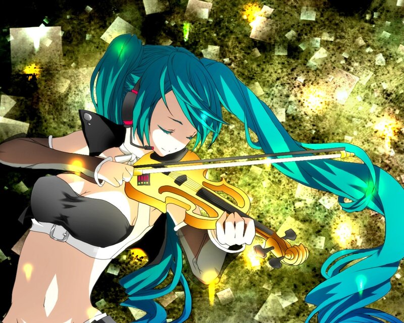 Anime Girl Playing Violin — Blue, Dramatic, Digital Art, Headphones