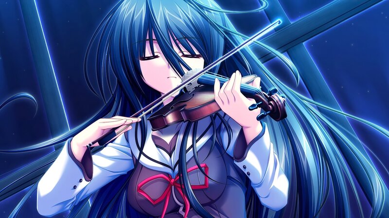 Anime Girl Playing Violin — Blue, Dramatic, Night, School Uniform, Blue Hair