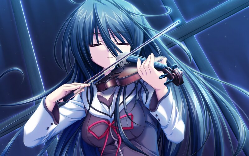 Anime Girl Playing Violin — Blue, Dramatic, Night, School Uniform, Long Hair, White
