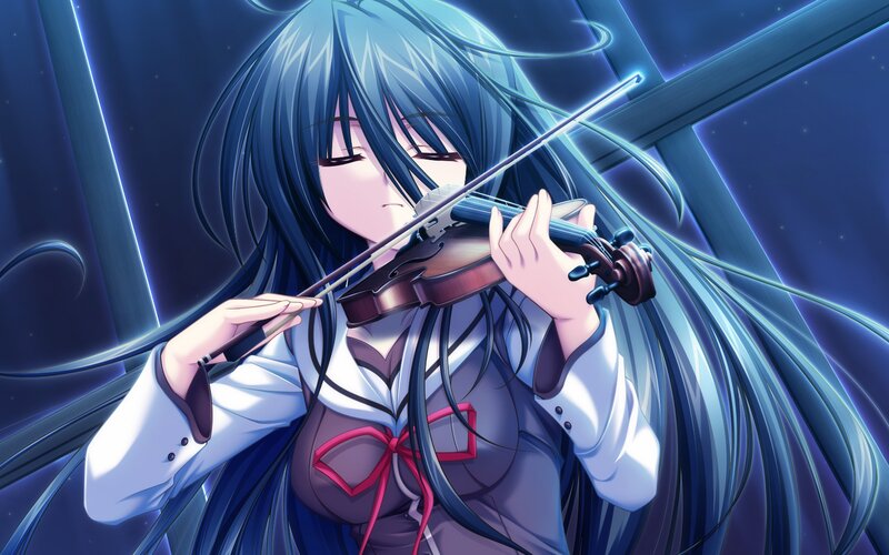 Anime Girl Playing Violin — Blue, Dramatic, Night, School Uniform