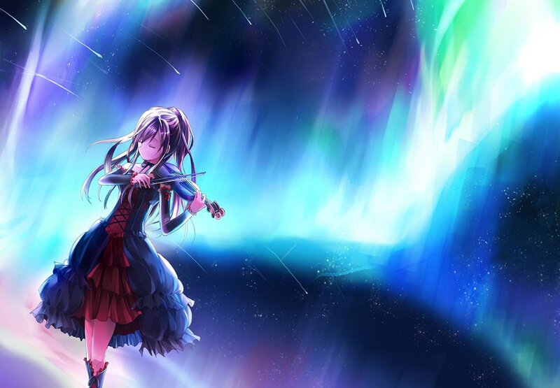 Anime Girl Playing Violin — Blue, Dramatic, Night