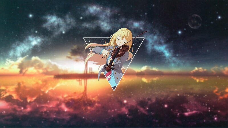 Anime Girl Playing Violin — Blue, Dramatic, Sunset