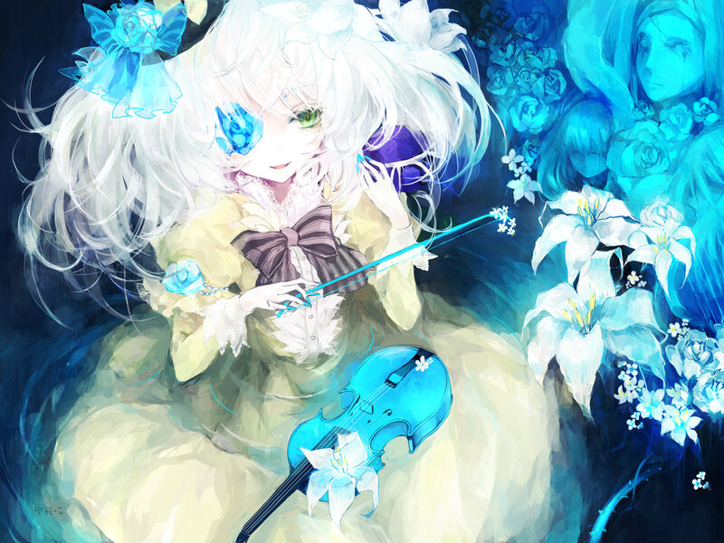Anime Girl Playing Violin — Blue, Dreamy, Night, Digital Art