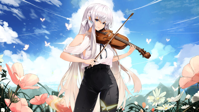Anime Girl Playing Violin — Blue, Serene, Afternoon, Digital Art