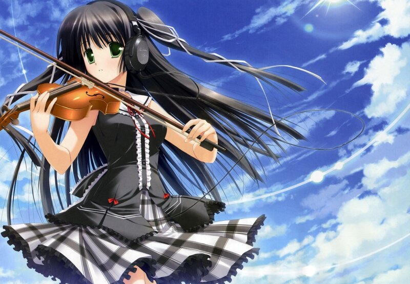 Anime Girl Playing Violin — Blue, Serene, Afternoon, Headphones