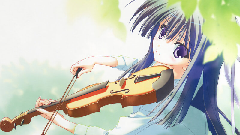 Anime Girl Playing Violin — Blue, Serene, Afternoon, Leaves