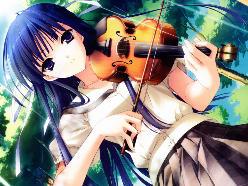 Anime Girl Playing Violin — Blue, Serene, Afternoon, Manga