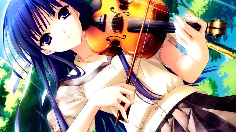 Anime Girl Playing Violin — Blue, Serene, Afternoon, School Uniform