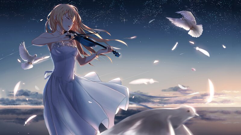 Anime Girl Playing Violin — Blue, Serene, Night, Digital Art, Doves