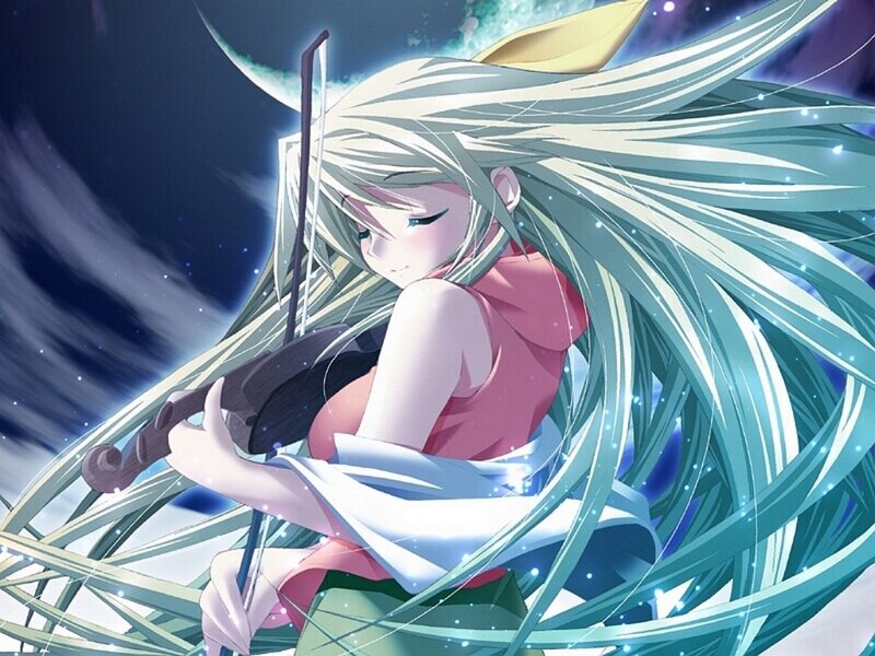 Anime Girl Playing Violin — Blue, Serene, Night, Digital Art, Moon
