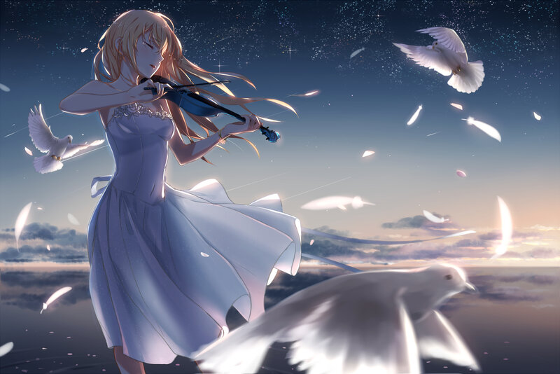 Anime Girl Playing Violin — Blue, Serene, Night