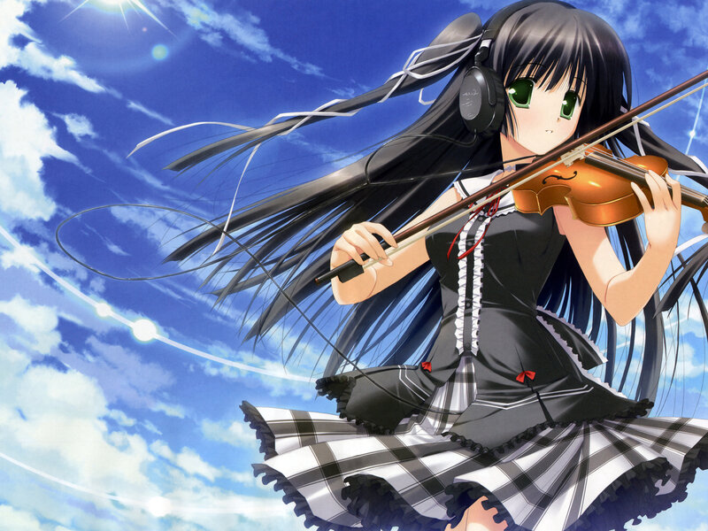Anime Girl Playing Violin — Blue, Serene