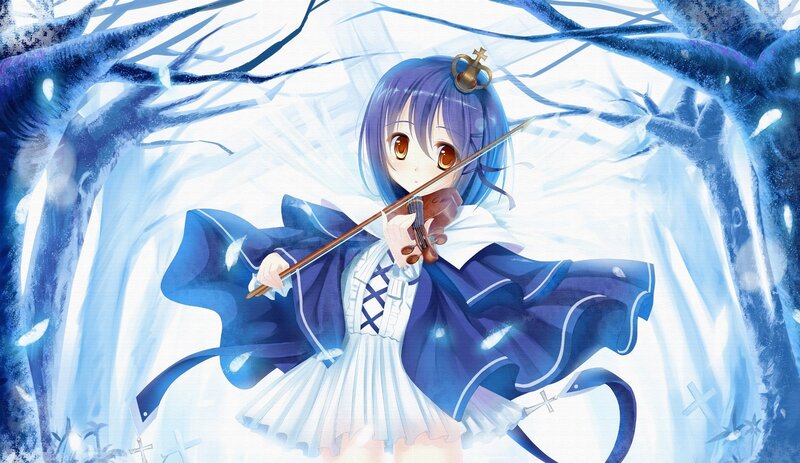 Anime Girl Playing Violin — Blue, Serene, Winter, Digital Art