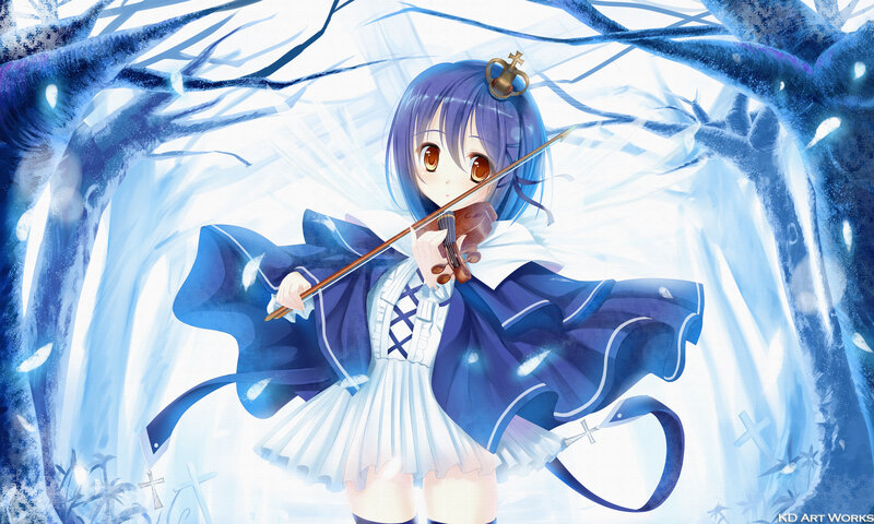 Anime Girl Playing Violin — Blue, Serene, Winter